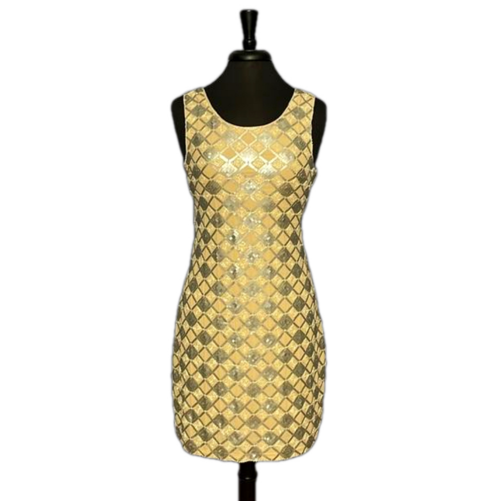 Aina Be Cream & Gray Beaded w/ Sequin Sleeveless Women’s Dress Size Small